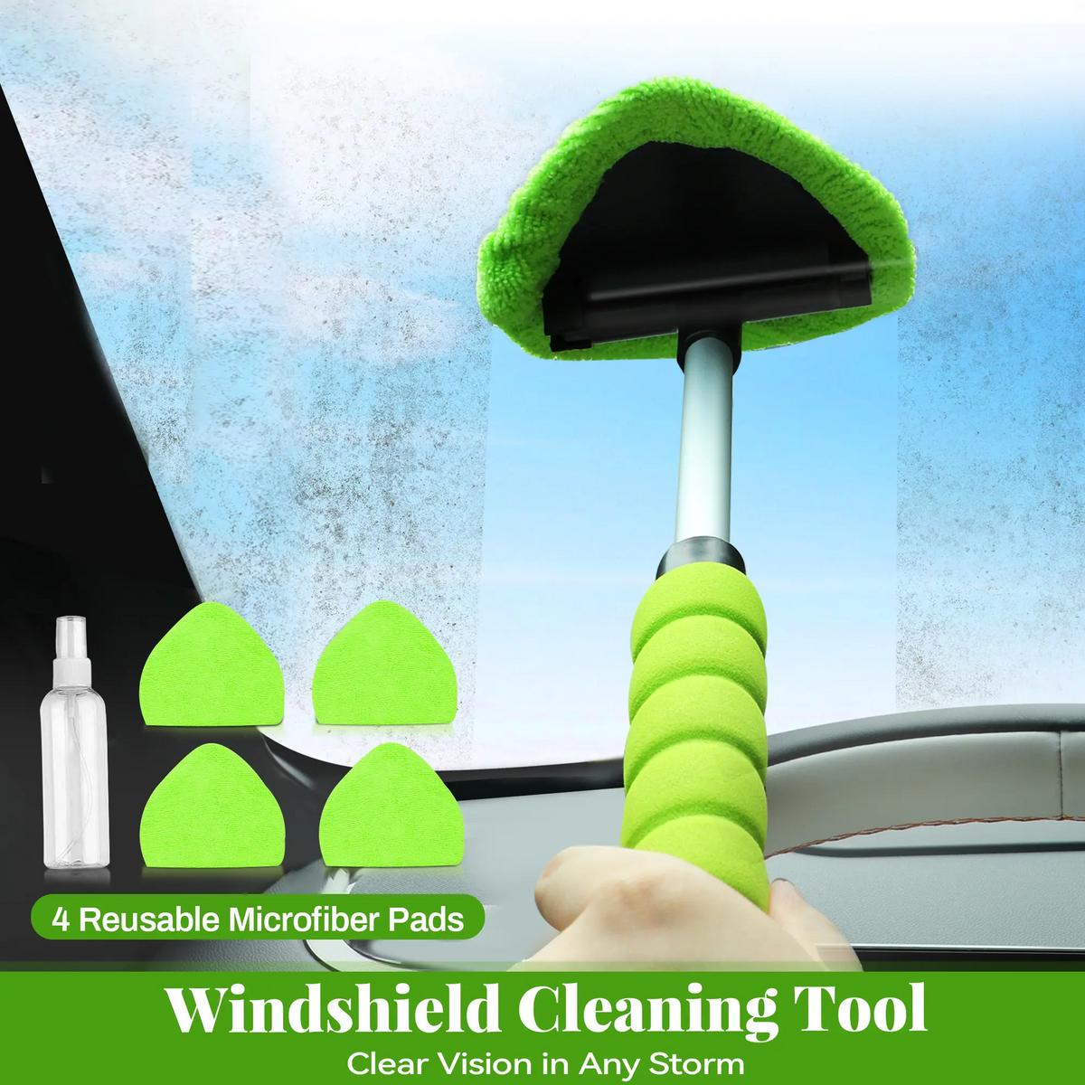 Car Window Cleaner Tool – Extendable Handle, 180° Pivoting Head & 4 Microfiber Pads