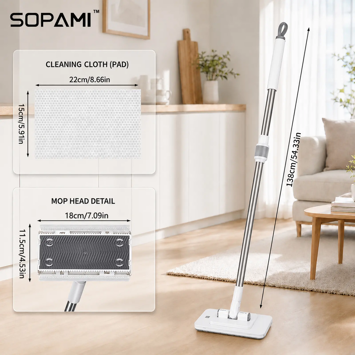 Retractable Mop – Hands-Free Clamp, Wet & Dry, Replaceable Pads for Hardwood & Tile