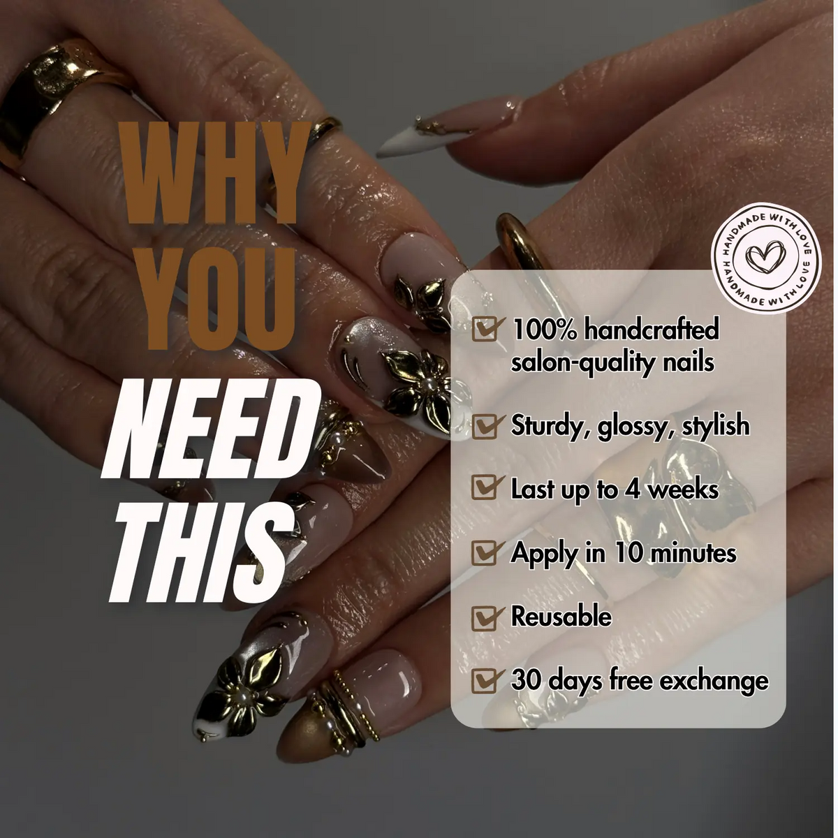 NailPhoria Golden Halo Press-On Nails – Handmade, Reusable & Salon-Quality