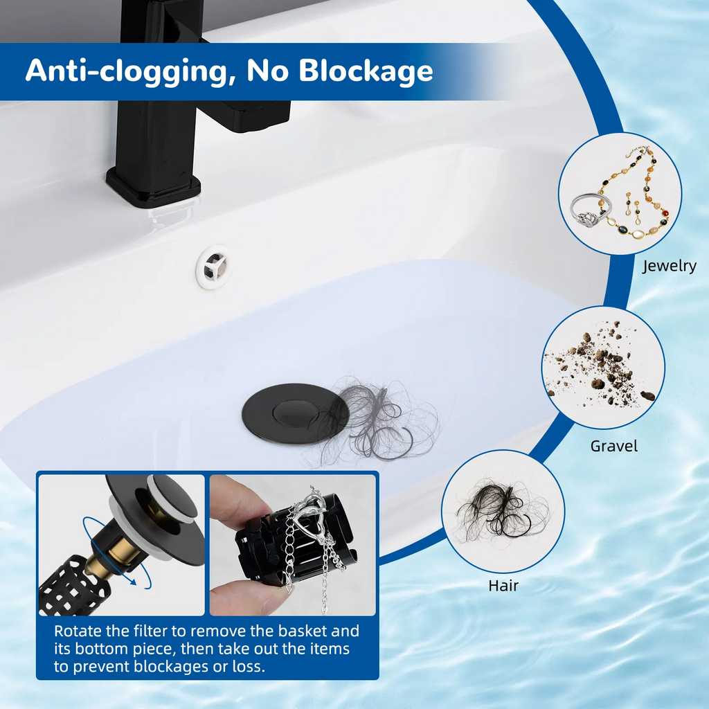 3-in-1 Bathroom Sink Drain Strainer – Pop-Up Stopper, Removable Steel Basket & Hair Catcher