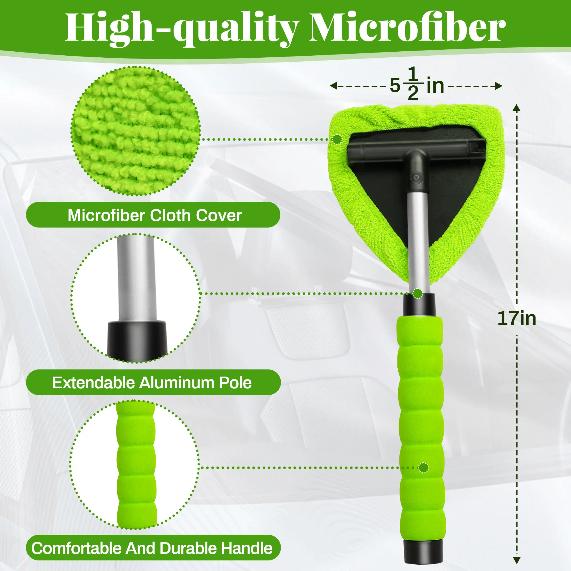 Car Window Cleaner Tool – Extendable Handle, 180° Pivoting Head & 4 Microfiber Pads