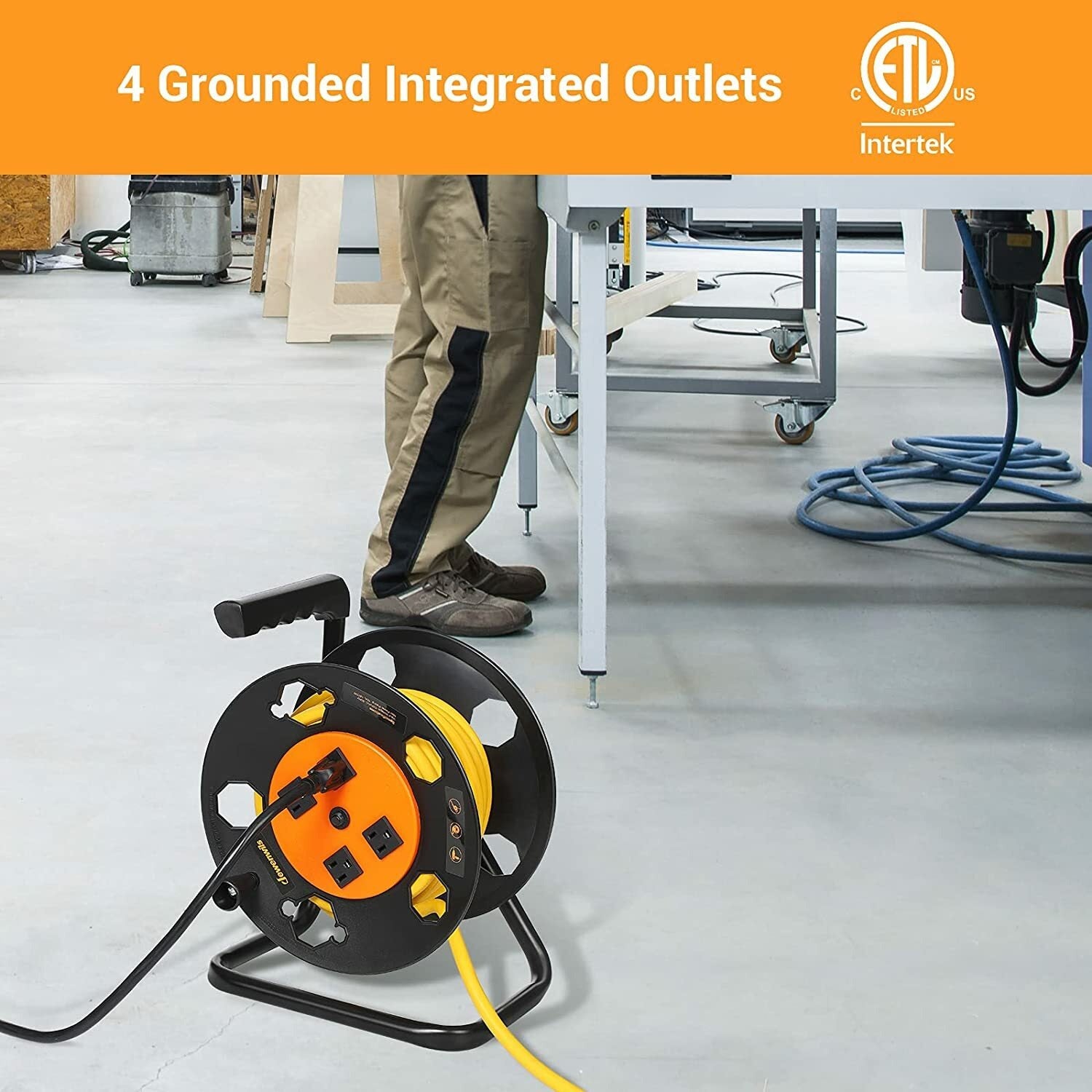Extension Cord Storage Reel Open Cord Reel with 4-Grounded Outlets