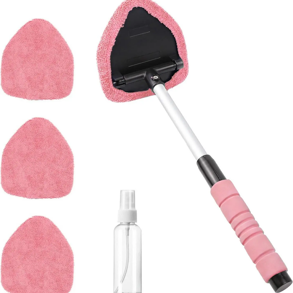 Car Window Cleaner Tool – Extendable Handle, 180° Pivoting Head & 4 Microfiber Pads