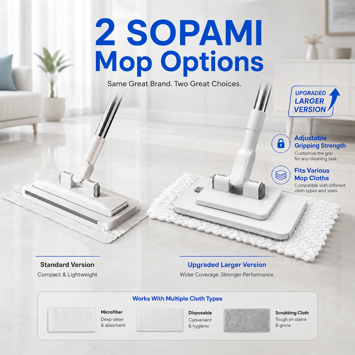 Retractable Mop – Hands-Free Clamp, Wet & Dry, Replaceable Pads for Hardwood & Tile