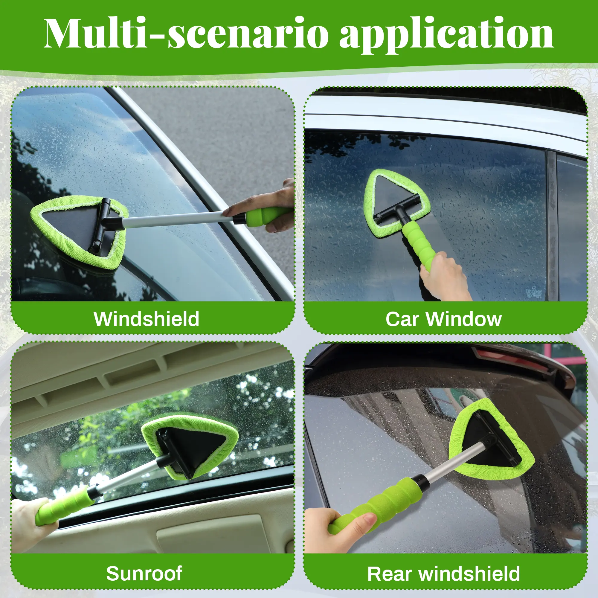 Car Window Cleaner Tool – Extendable Handle, 180° Pivoting Head & 4 Microfiber Pads