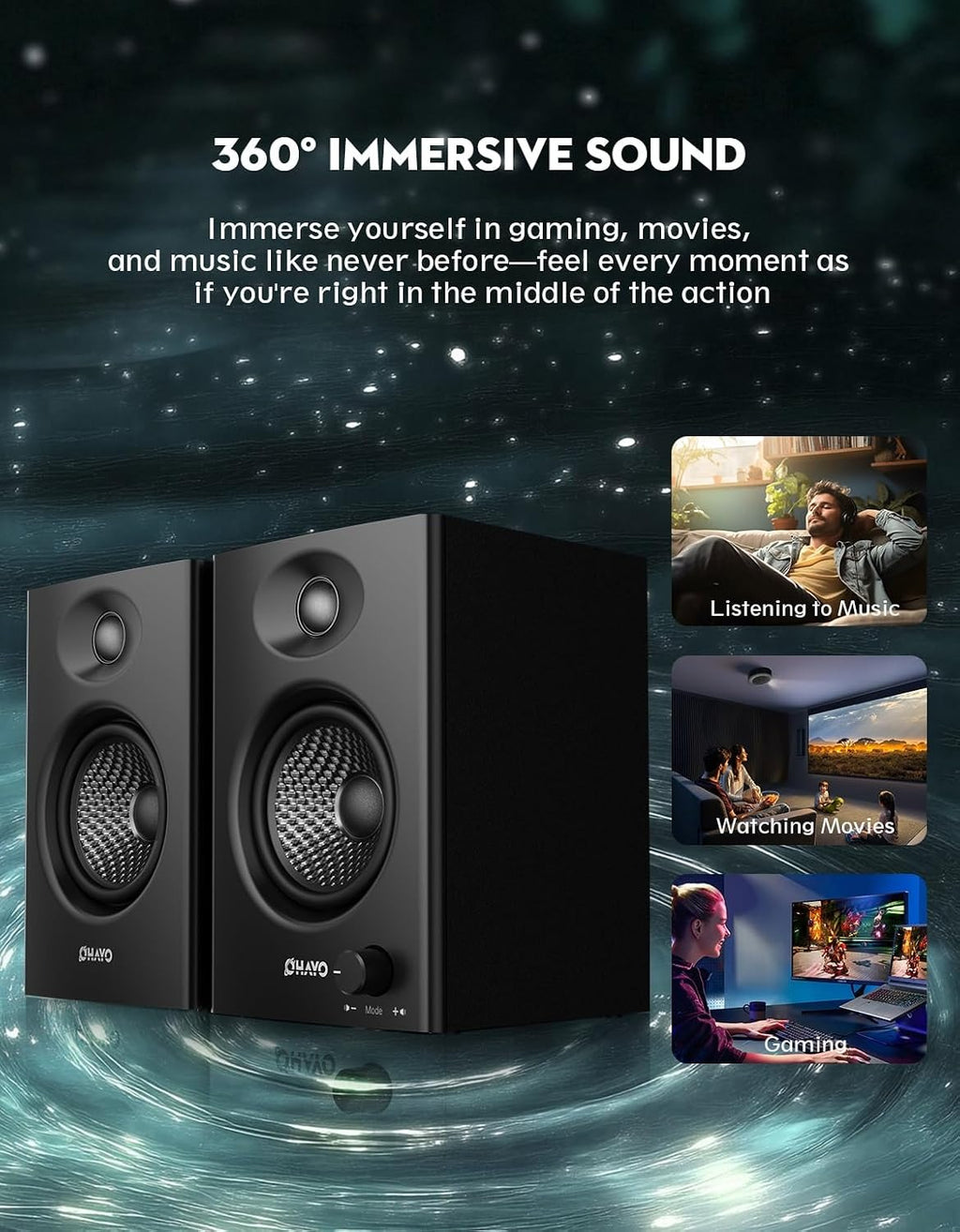 60W Computer Speakers for Music and Gaming, Active Bluetooth 5.3, Stereo 2.0 Speakers for Desktop PC
