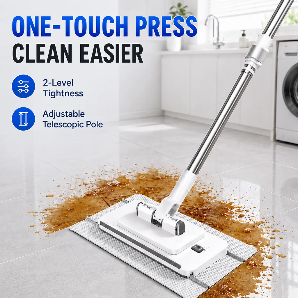 Retractable Mop – Hands-Free Clamp, Wet & Dry, Replaceable Pads for Hardwood & Tile