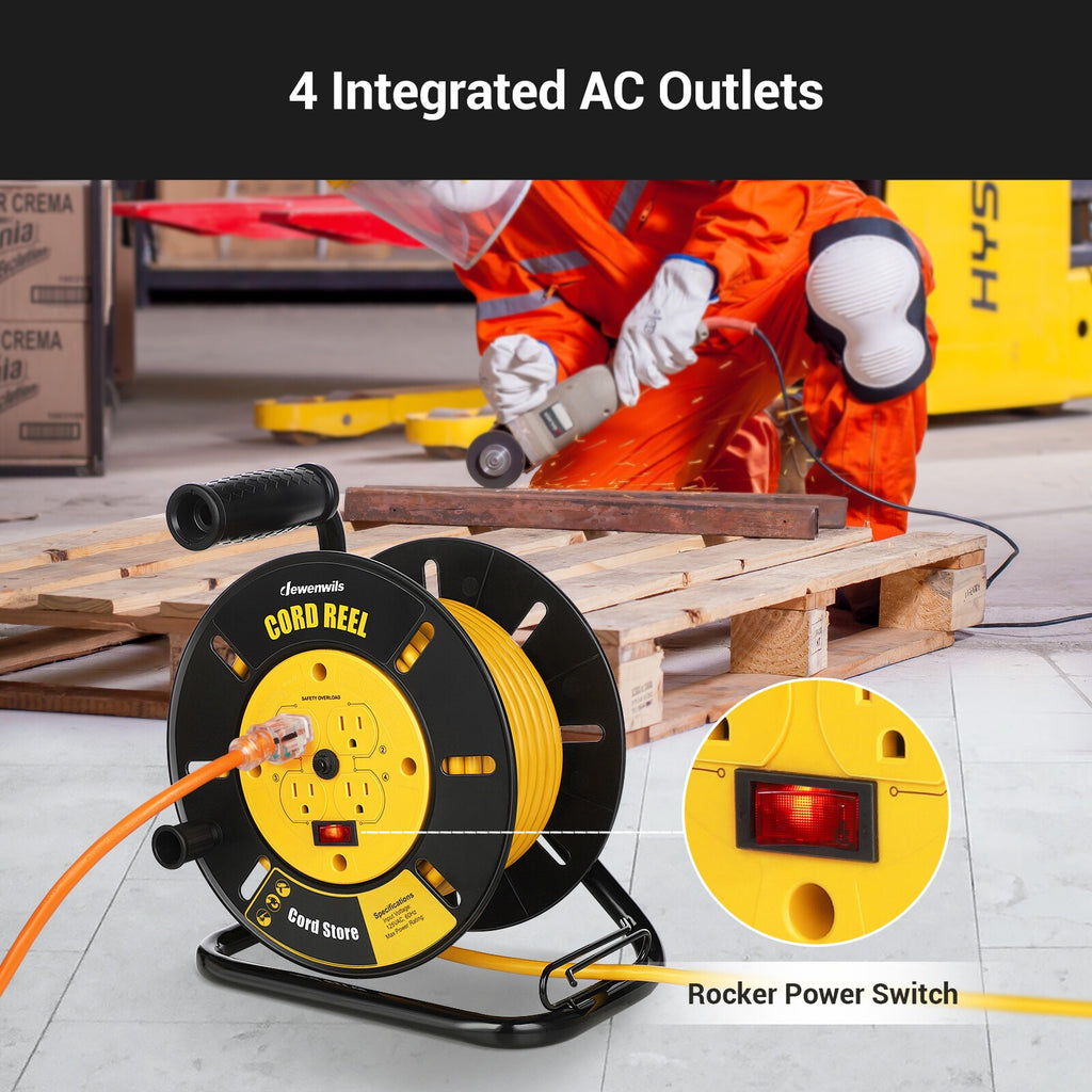 Extension Cord Storage Reel Open Cord Reel with 4-Grounded Outlets