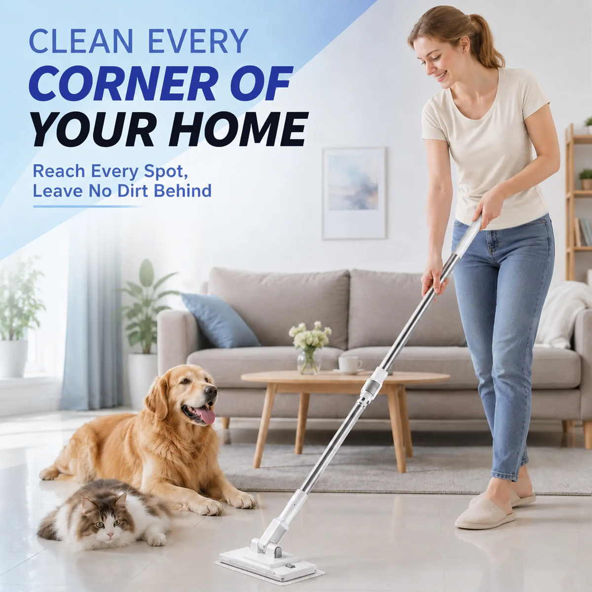 Retractable Mop – Hands-Free Clamp, Wet & Dry, Replaceable Pads for Hardwood & Tile