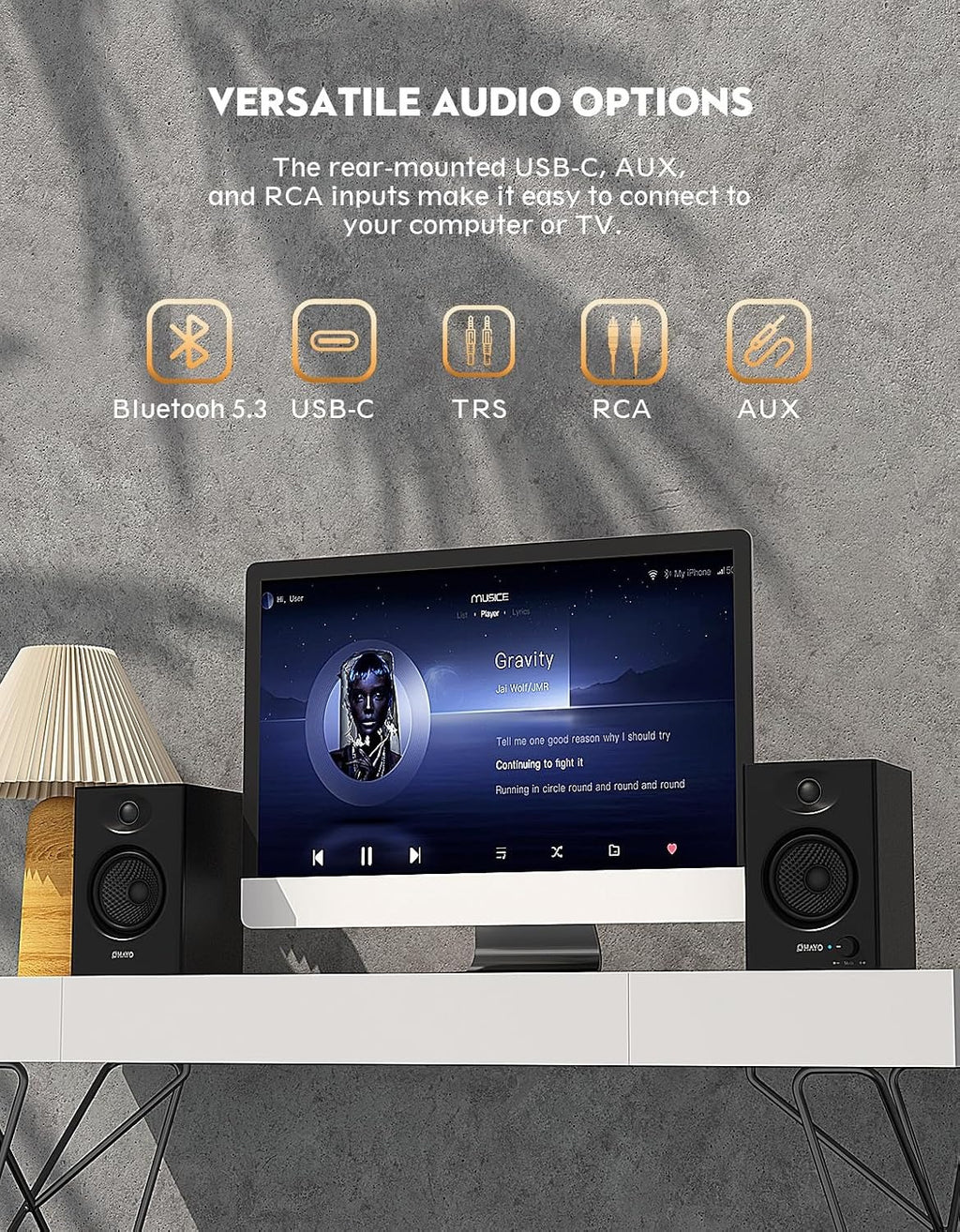 60W Computer Speakers for Music and Gaming, Active Bluetooth 5.3, Stereo 2.0 Speakers for Desktop PC