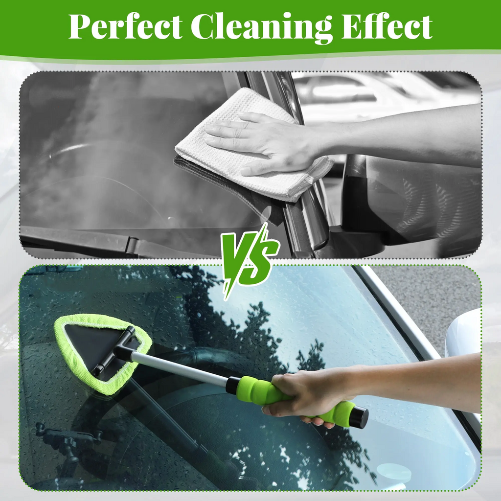 Car Window Cleaner Tool – Extendable Handle, 180° Pivoting Head & 4 Microfiber Pads