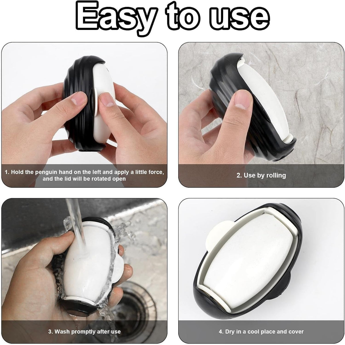 Reusable Penguin Lint Roller, Washable Adhesive Roller for Pet Hair, (Black)