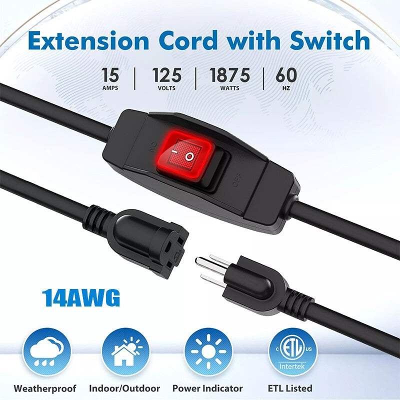 3-Prong Outdoor Extension Cord with Switch On/Off Waterproof Switch 15A 1875W