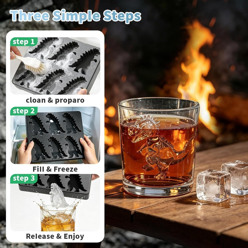Silicone Dinosaur Ice Cube Tray (6-Cavity Large Mold) – Ideal for Whiskey, Cockt
