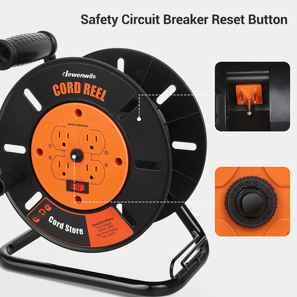 Extension Cord Storage Reel Open Cord Reel with 4-Grounded Outlets