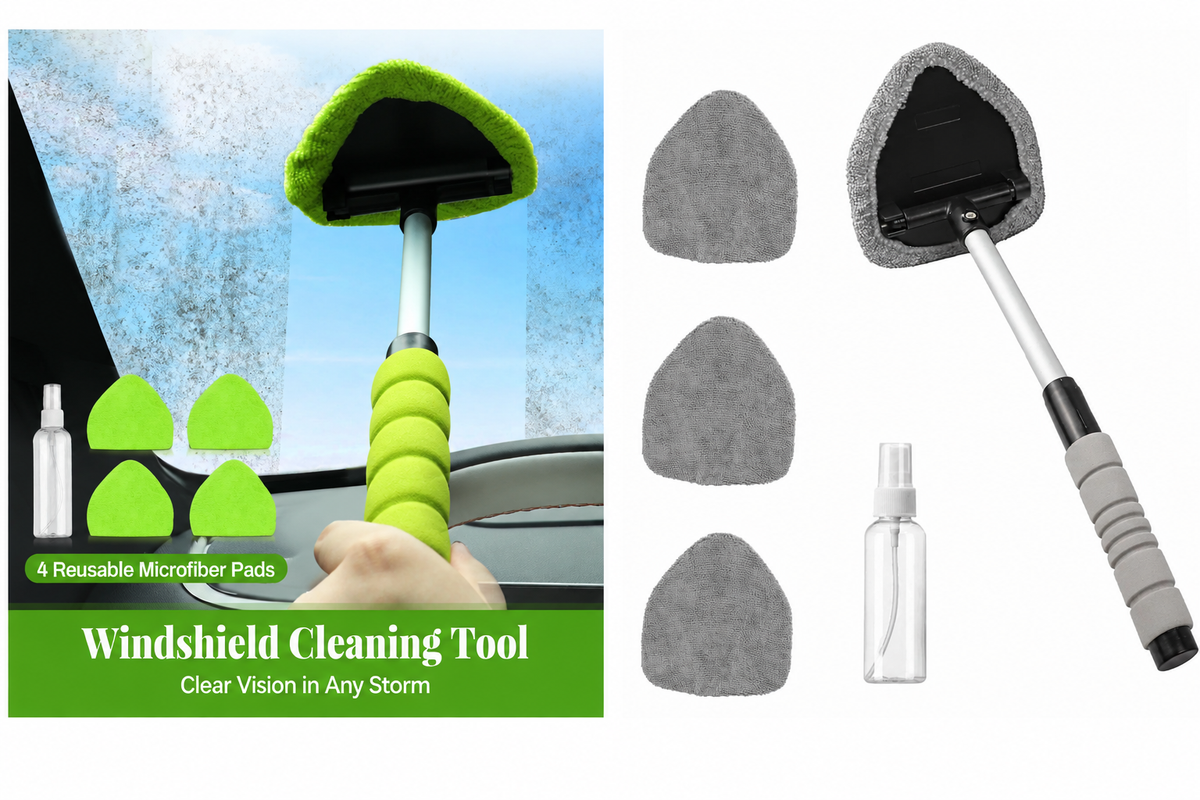 Car Window Cleaner Tool – Extendable Handle, 180° Pivoting Head & 4 Microfiber Pads