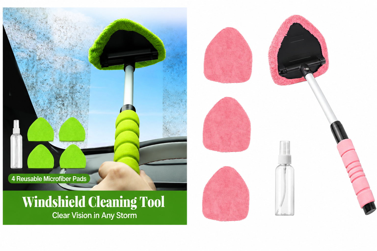 Car Window Cleaner Tool – Extendable Handle, 180° Pivoting Head & 4 Microfiber Pads