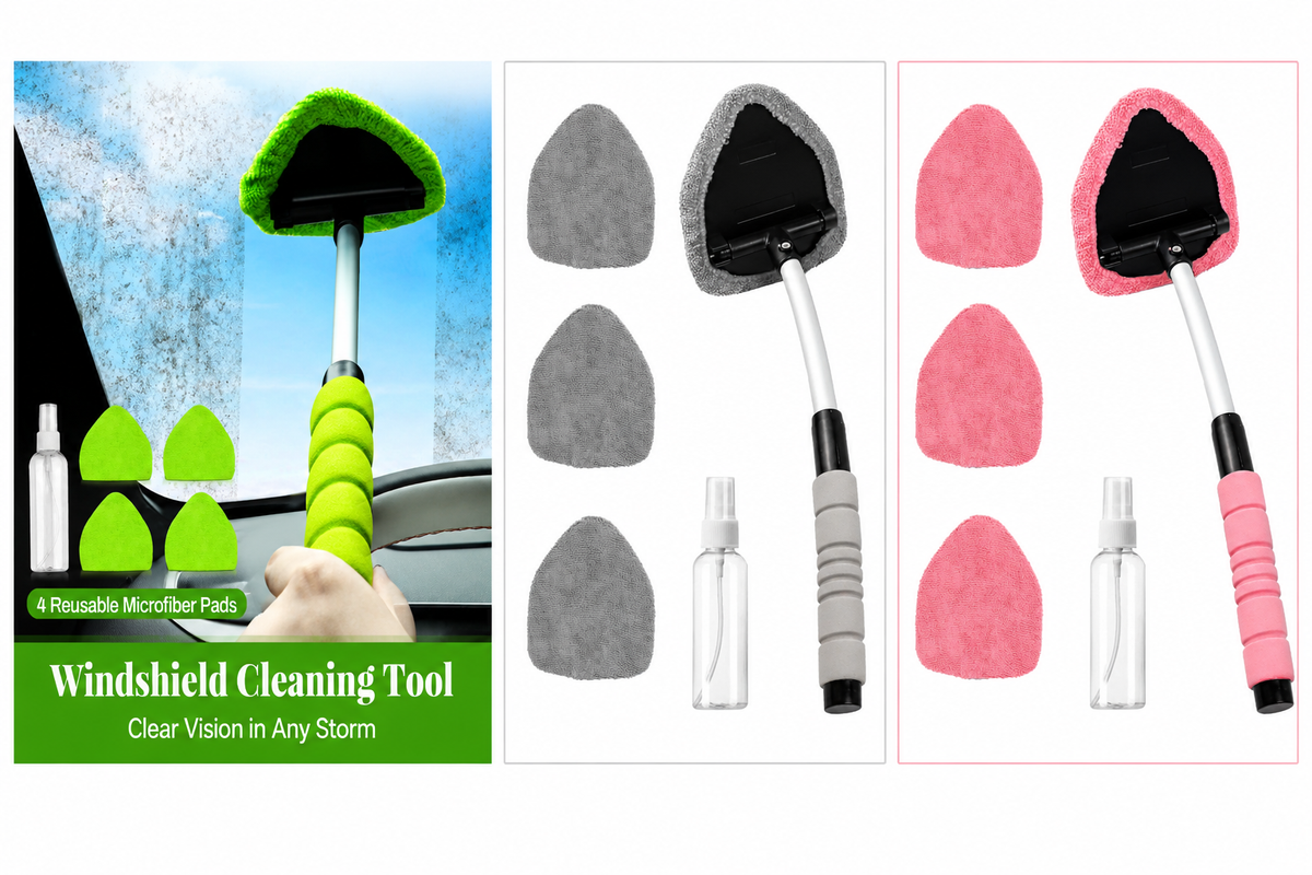 Car Window Cleaner Tool – Extendable Handle, 180° Pivoting Head & 4 Microfiber Pads